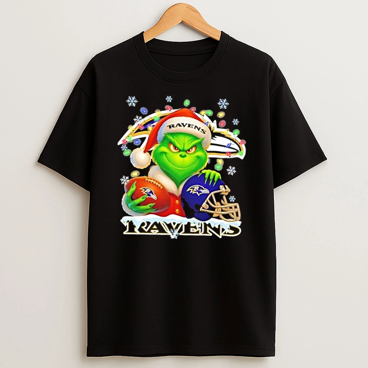 Grinch Christmas Lights Holding A Ball And Smiling At Baltimore Ravens Fans Shirts