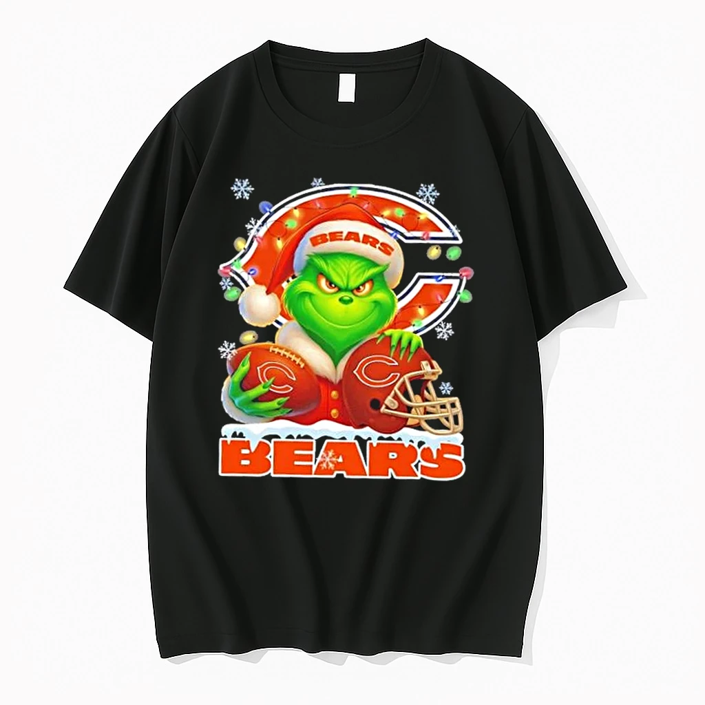 Grinch Christmas Lights Holding A Ball And Smiling At Chicago Bears Fans Shirts