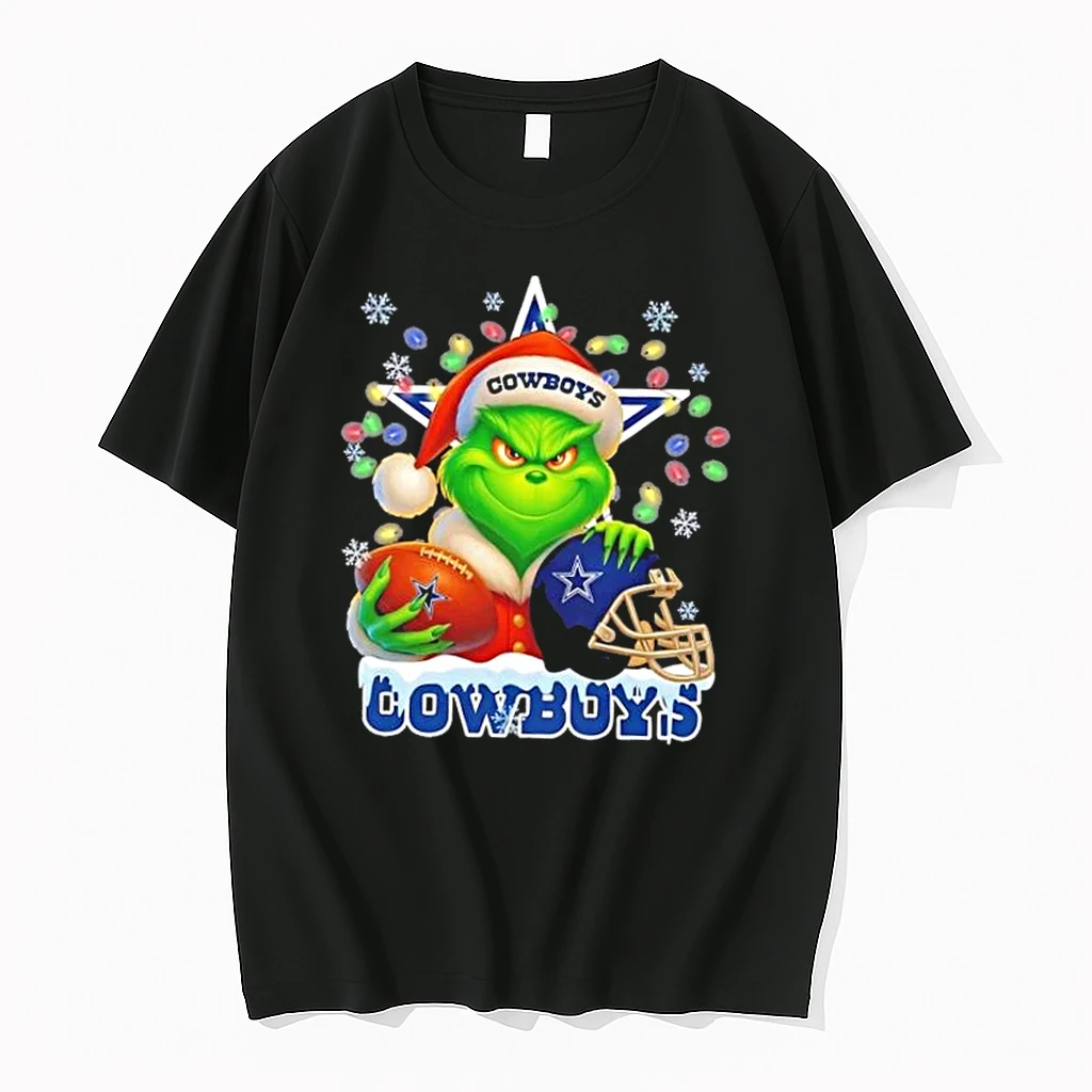 Grinch Christmas Lights Holding A Ball And Smiling At Dallas Cowboys Fans Shirts
