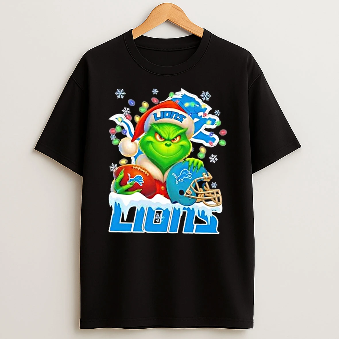 Grinch Christmas Lights Holding A Ball And Smiling At Detroit Lions Fans Shirts