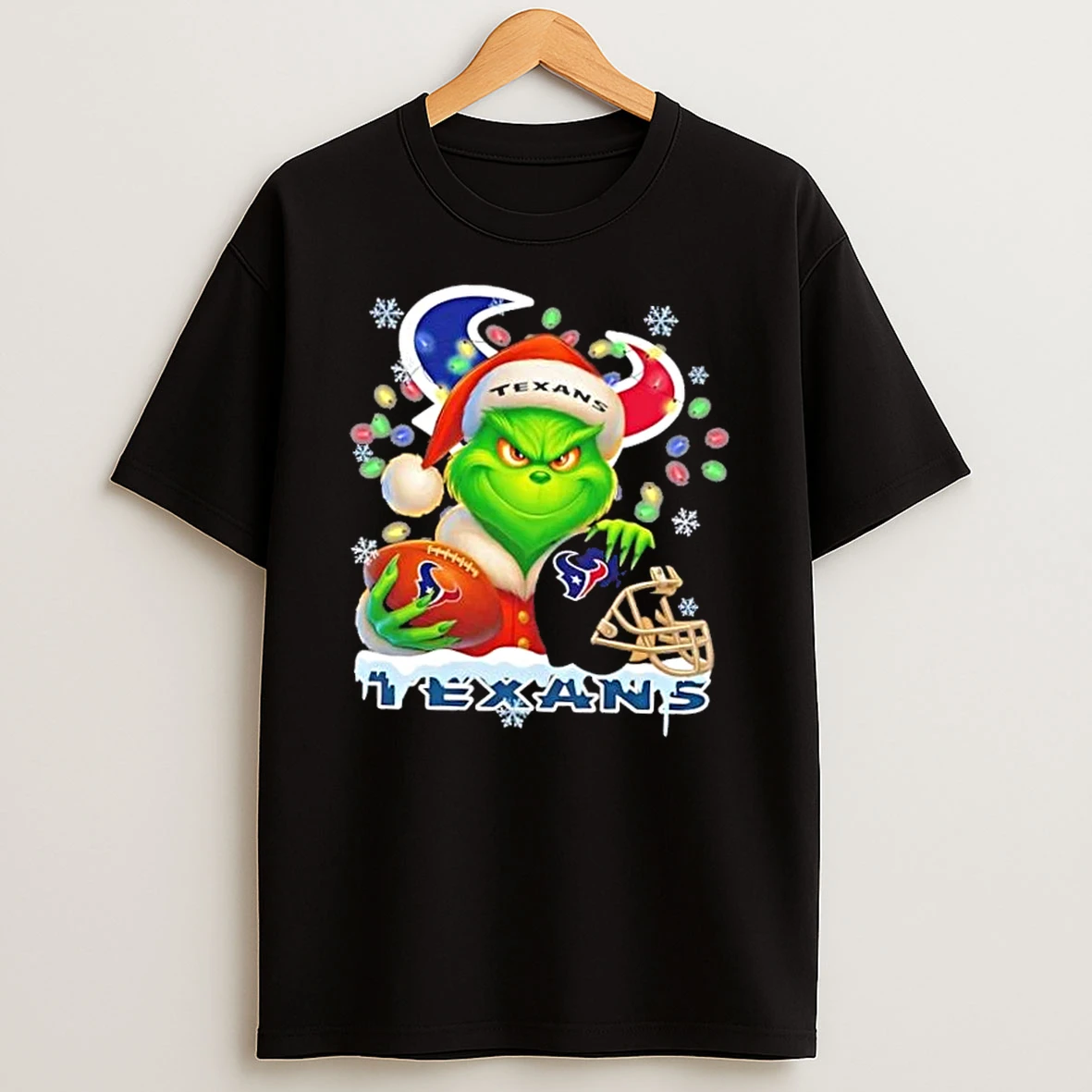 Grinch Christmas Lights Holding A Ball And Smiling At Houston Texans Fans Shirts