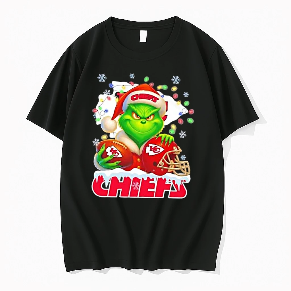 Grinch Christmas Lights Holding A Ball And Smiling At Kansas City Chiefs Fans Shirts