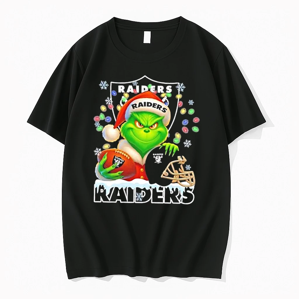 Grinch Christmas Lights Holding A Ball And Smiling At Las Vegas Raiders Fans Shirts