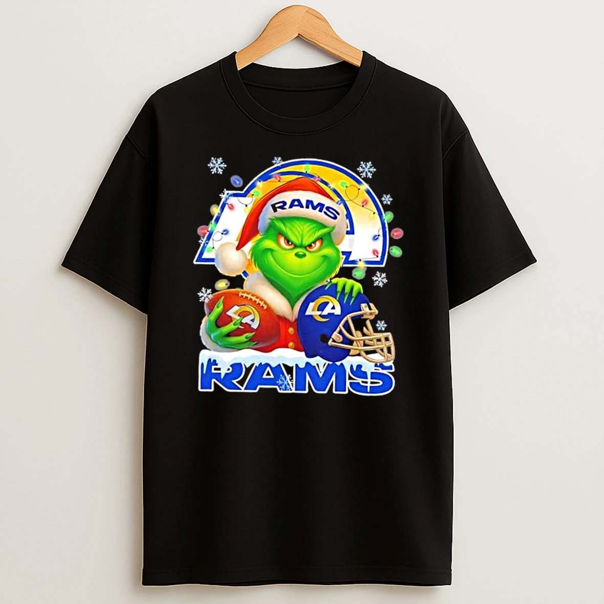 Grinch Christmas Lights Holding A Ball And Smiling At Los Angeles Rams Fans Shirts