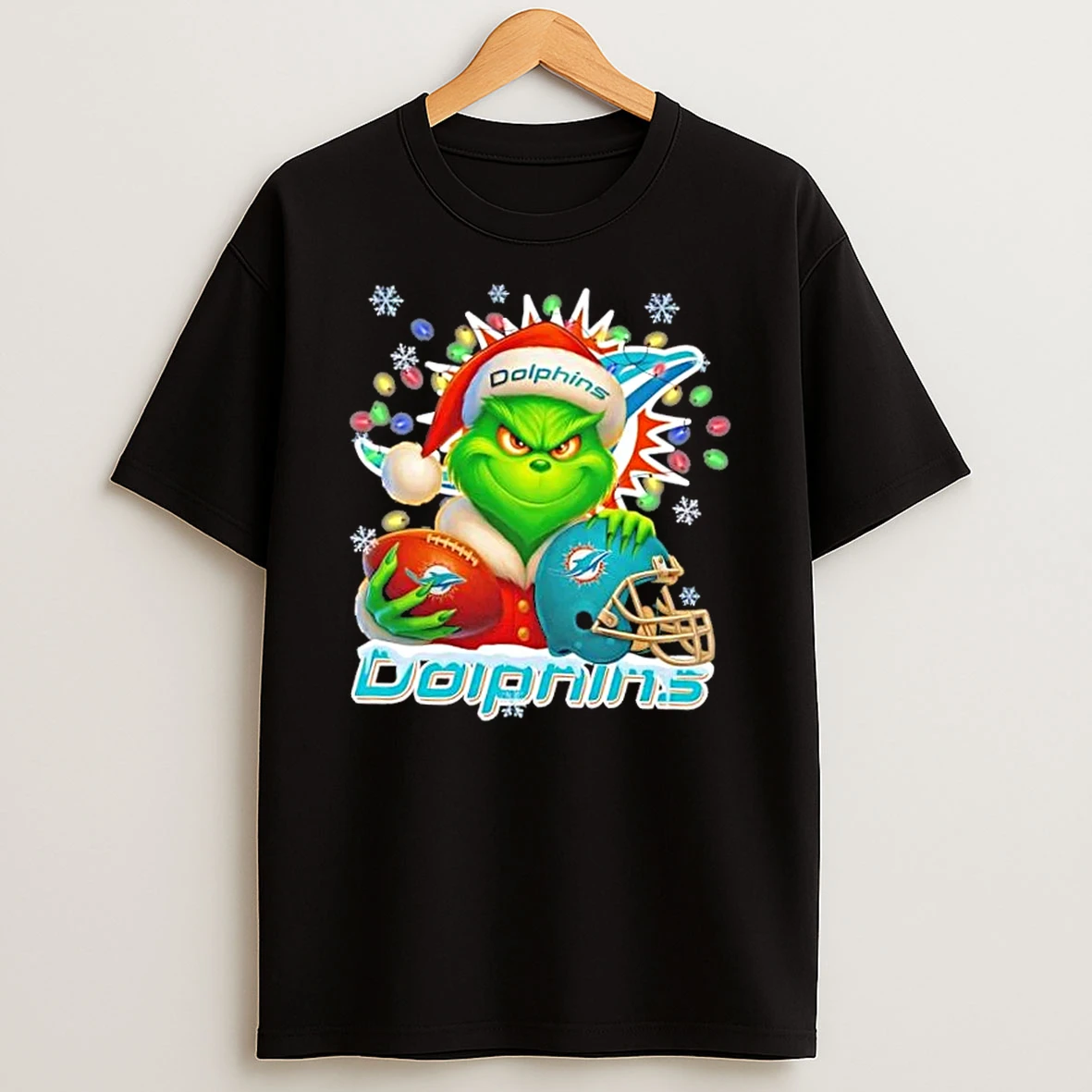 Grinch Christmas Lights Holding A Ball And Smiling At Miami Dolphins Fans Shirts