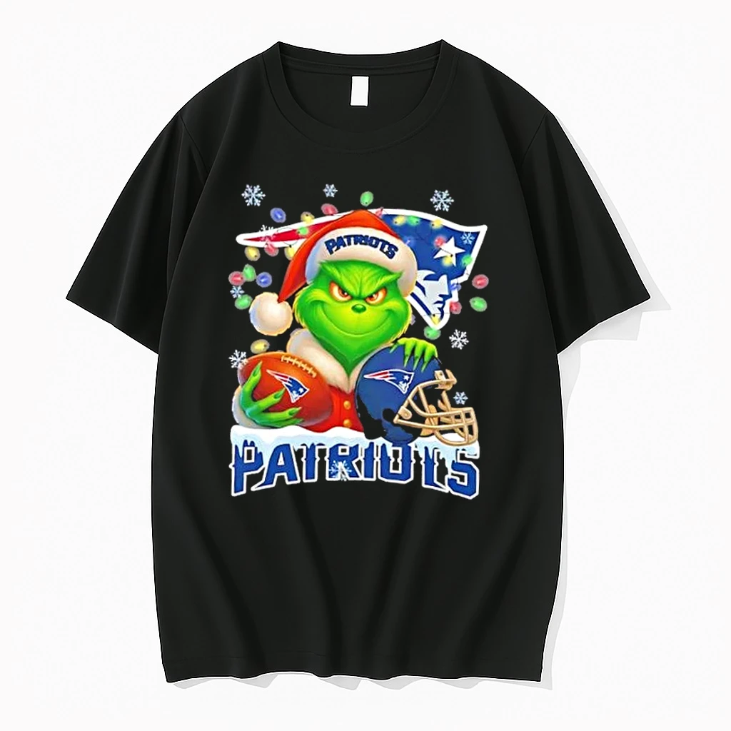 Grinch Christmas Lights Holding A Ball And Smiling At New England Patriots Fans Shirts