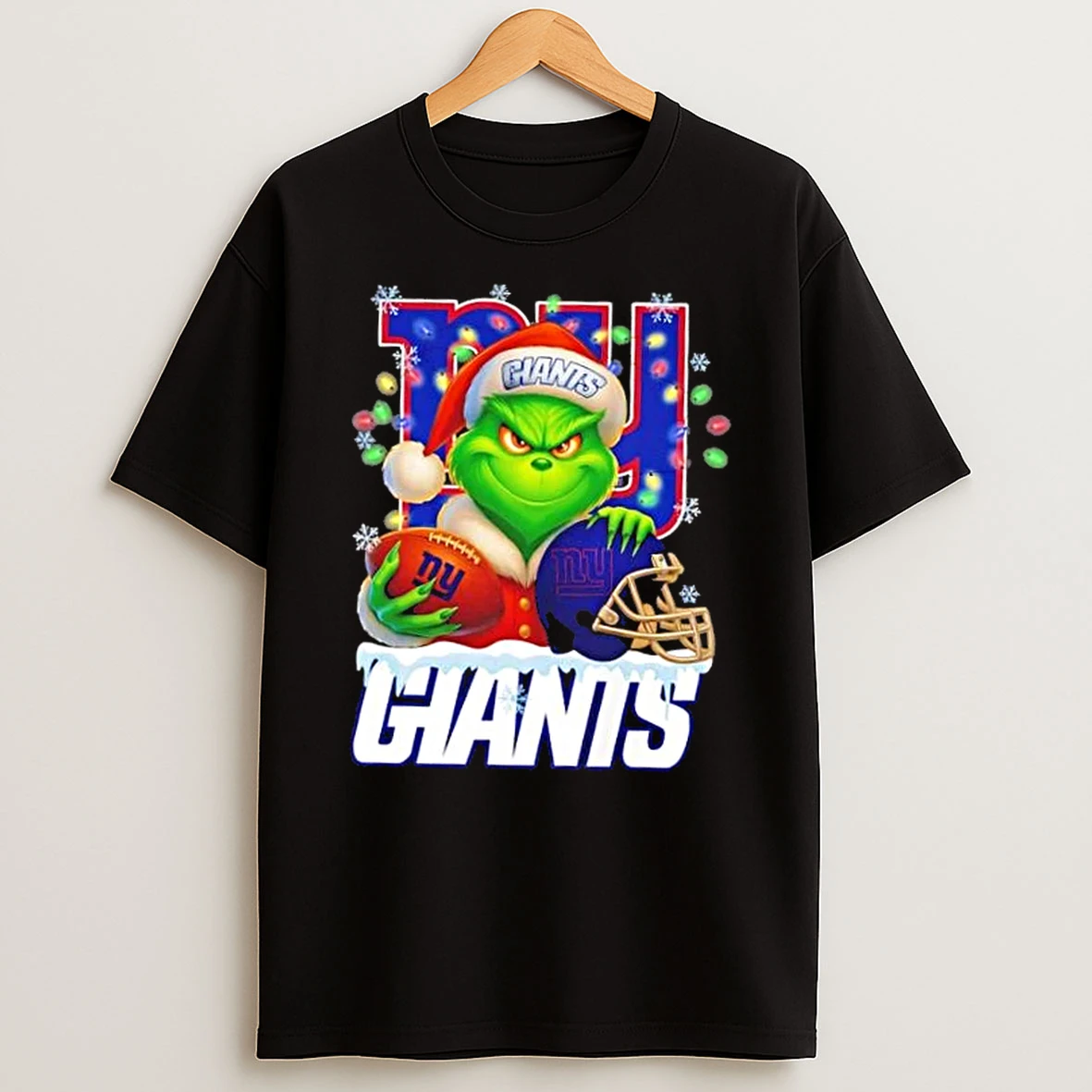 Grinch Christmas Lights Holding A Ball And Smiling At New York Giants Fans Shirts