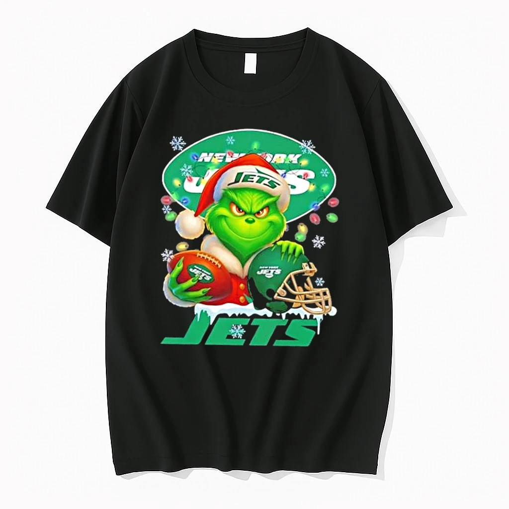 Grinch Christmas Lights Holding A Ball And Smiling At New York Jets Fans Shirts