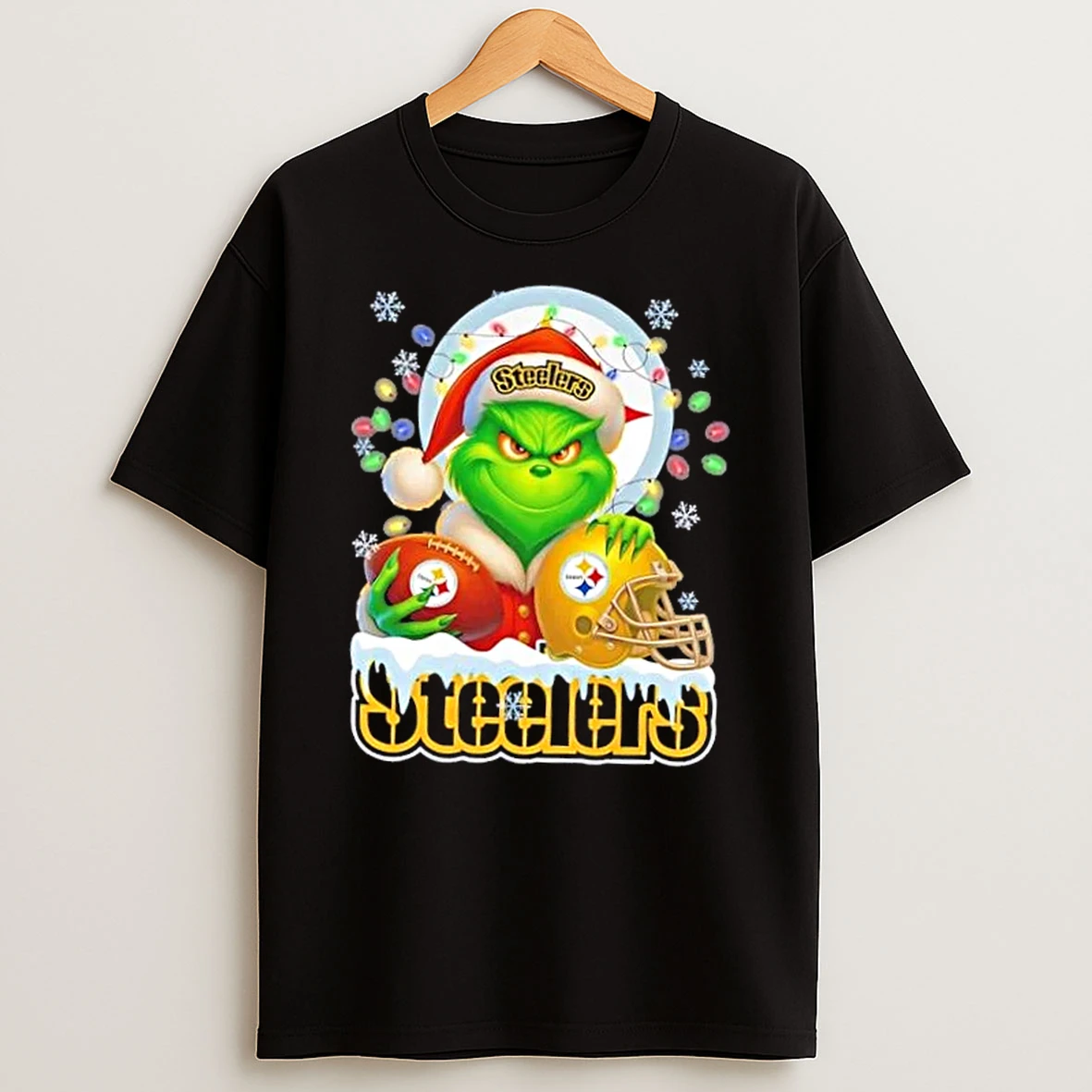 Grinch Christmas Lights Holding A Ball And Smiling At Pittsburgh Steelers Fans Shirts