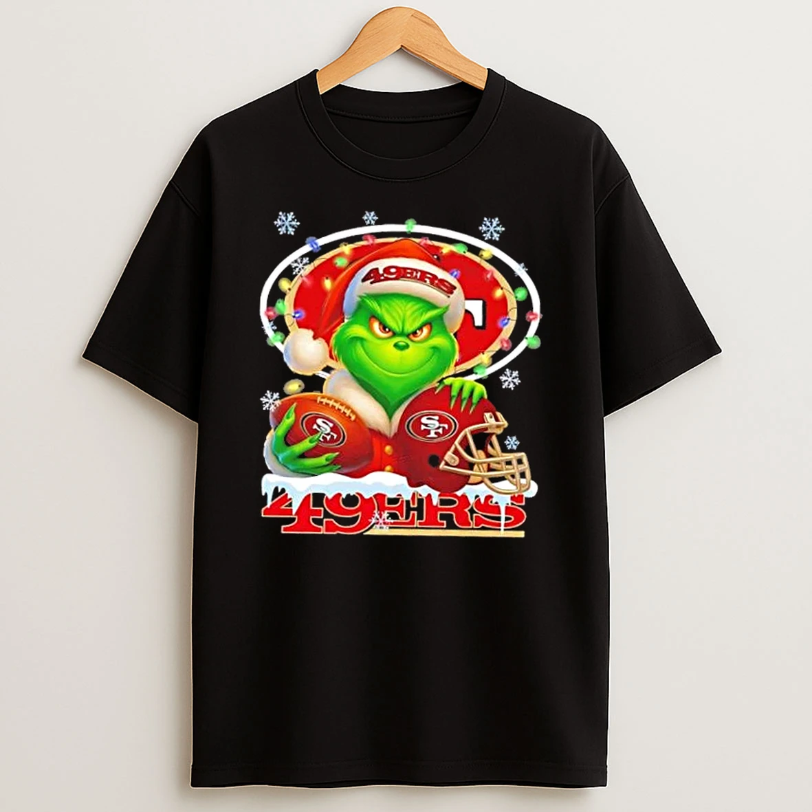 Grinch Christmas Lights Holding A Ball And Smiling At San Francisco 49ers Fans Shirts