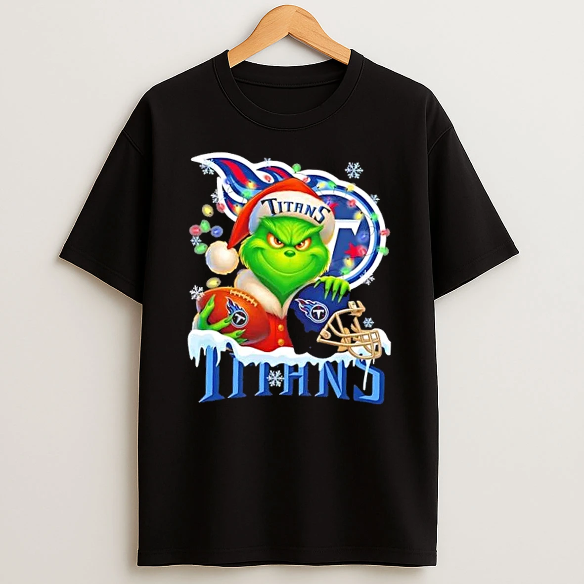 Grinch Christmas Lights Holding A Ball And Smiling At Tennessee Titans Fans Shirts