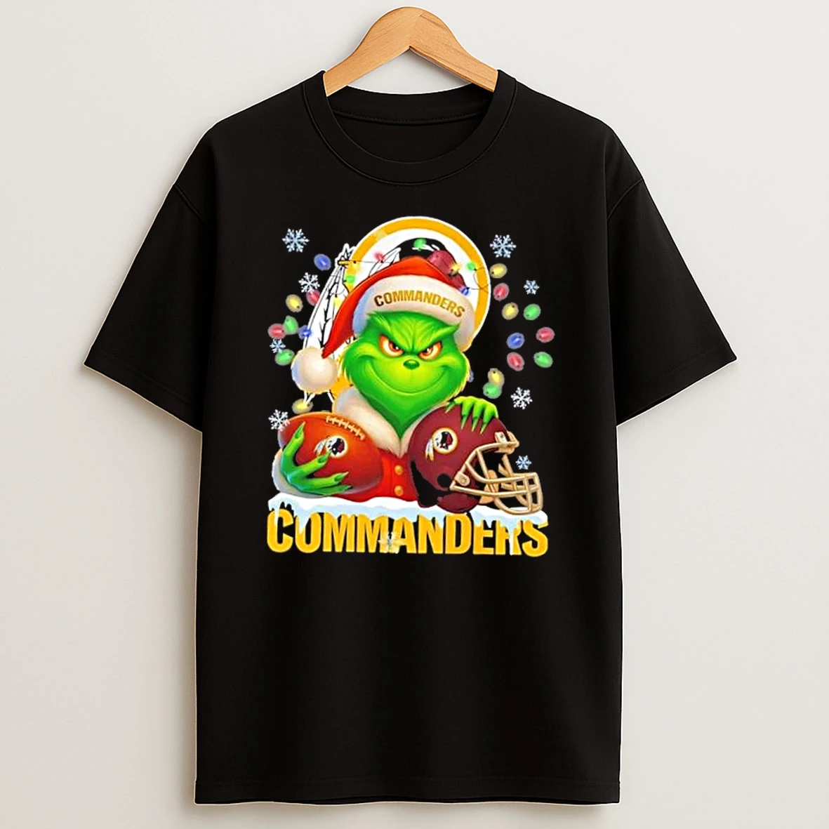 Grinch Christmas Lights Holding A Ball And Smiling At Washington Commanders Fans Shirts