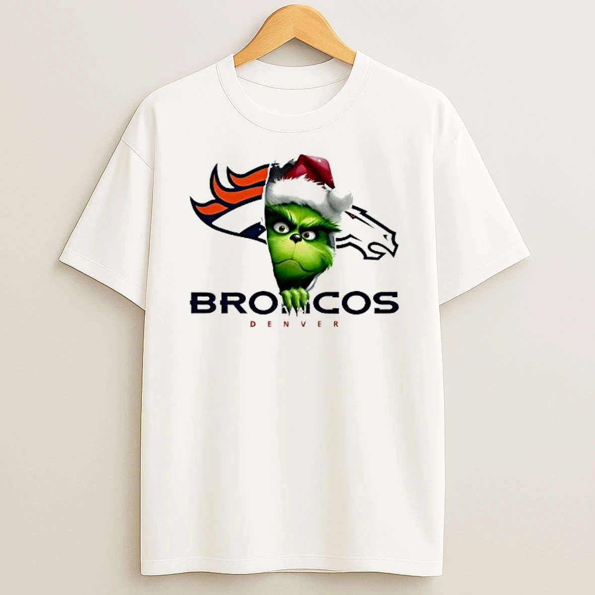 Grinch Peeking Through Denver Broncos Christmas Holiday Shirts