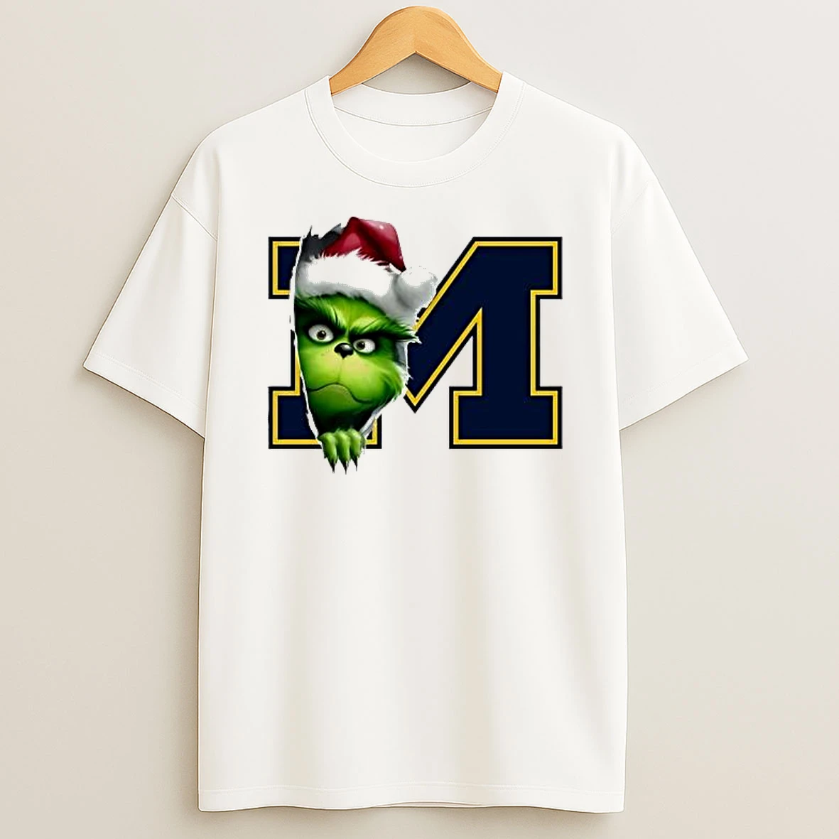 Grinch Peeking Through Michigan Wolverines Christmas Holiday Shirts