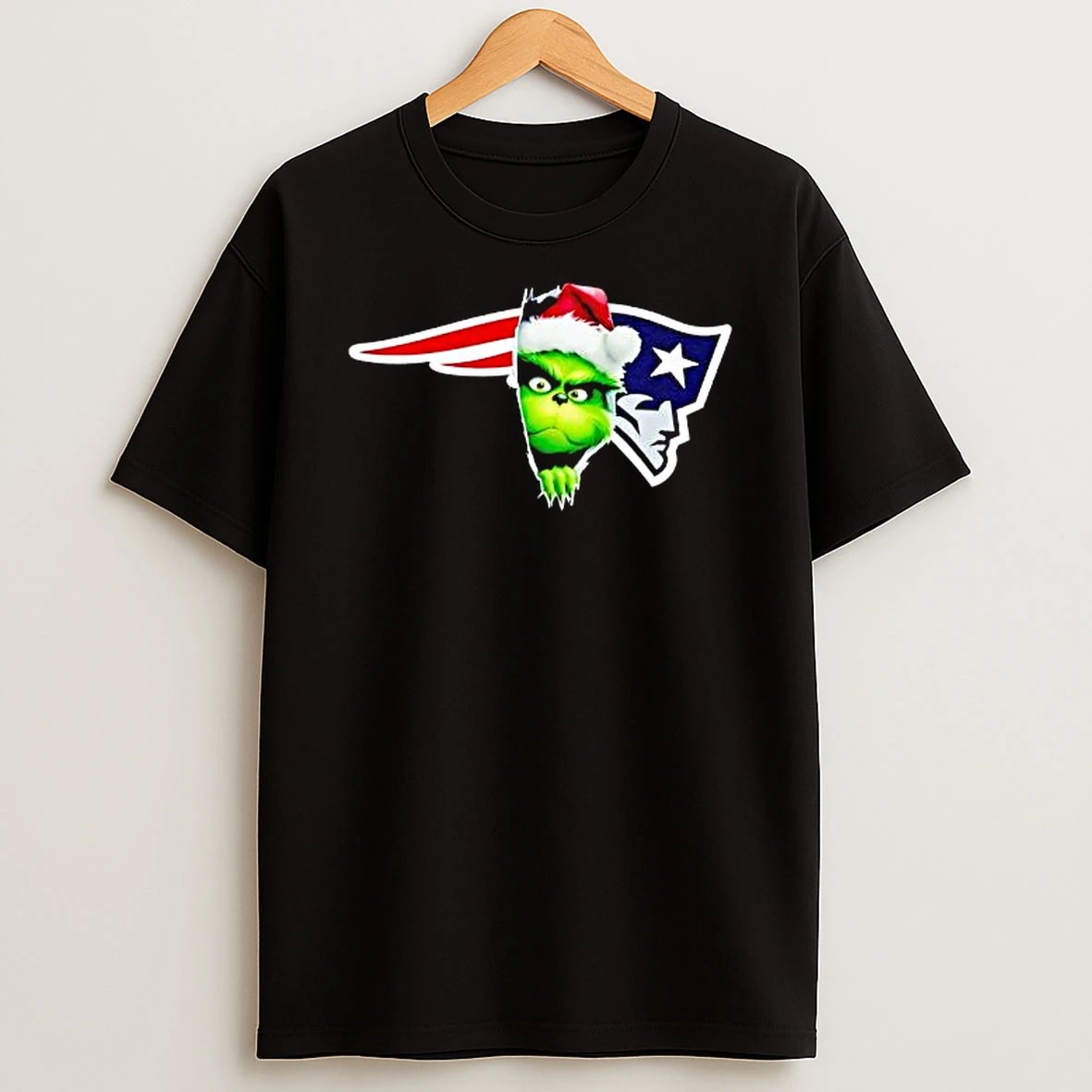 Grinch Peeking Through New England Patriots Christmas Holiday Shirts