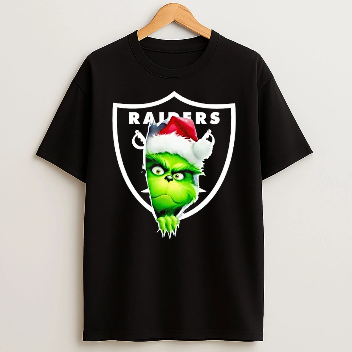 Grinch Peeking Through Raiders Football Christmas Holiday Shirts