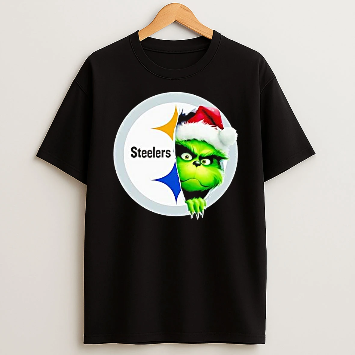 Grinch Peeking Through Steelers Christmas Holiday Shirts