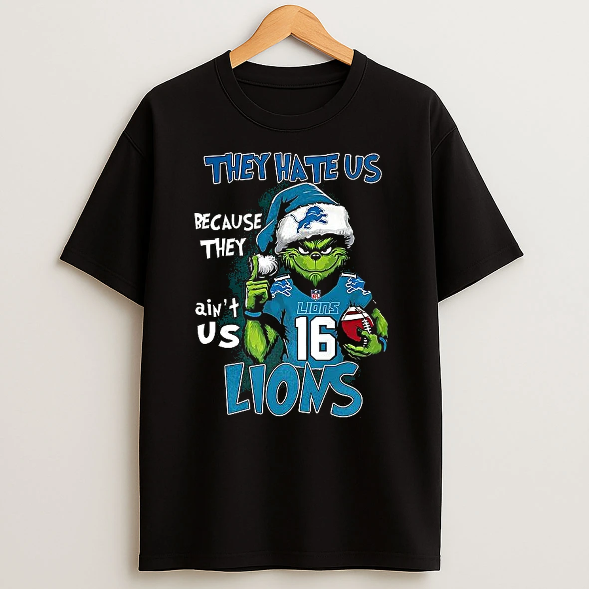 Grinch Santa Hat X Detroit Lions Nfl They Hate Us Because They Aint Us Christmas Shirts