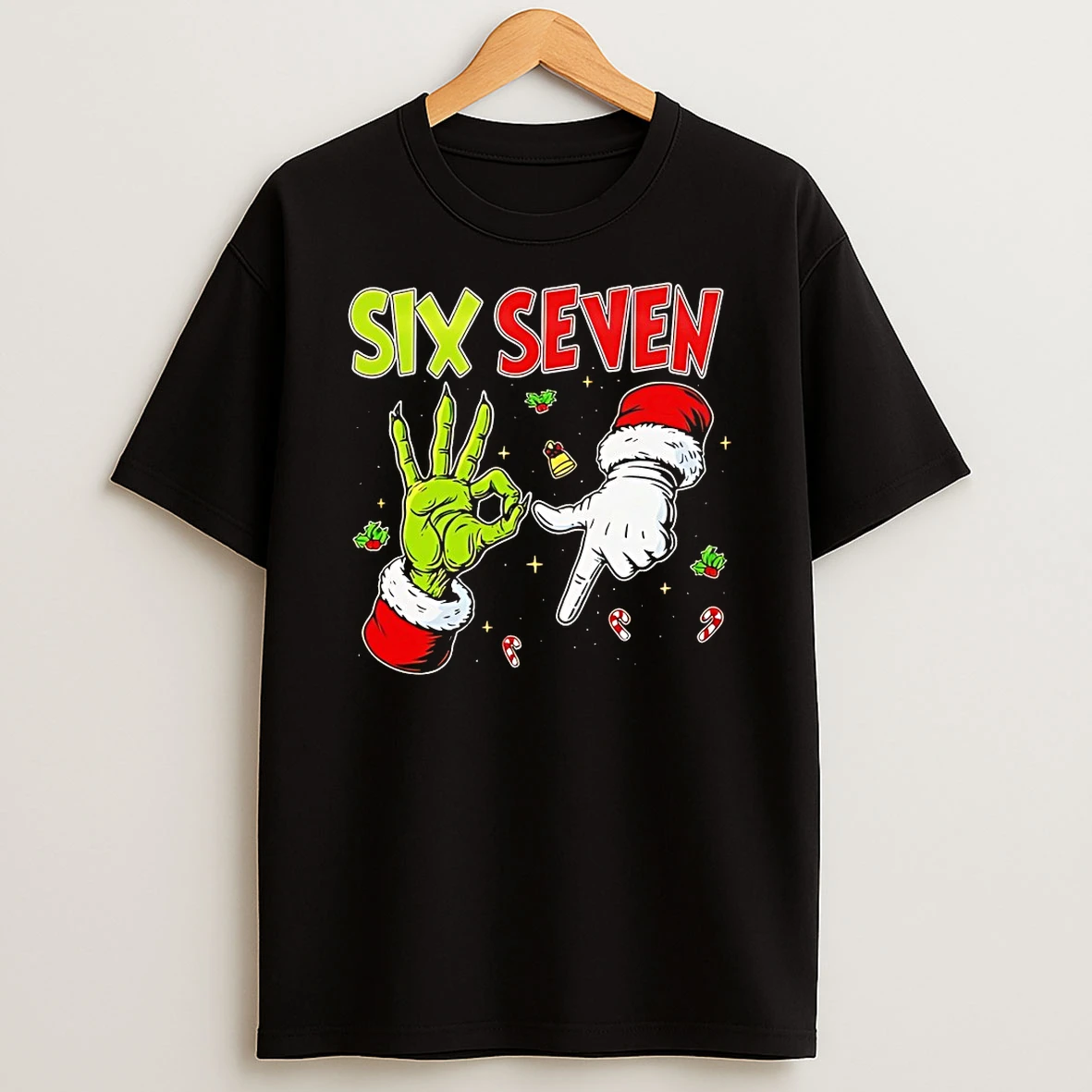 Grinch And Santa Hands Six Seven Christmas Shirts
