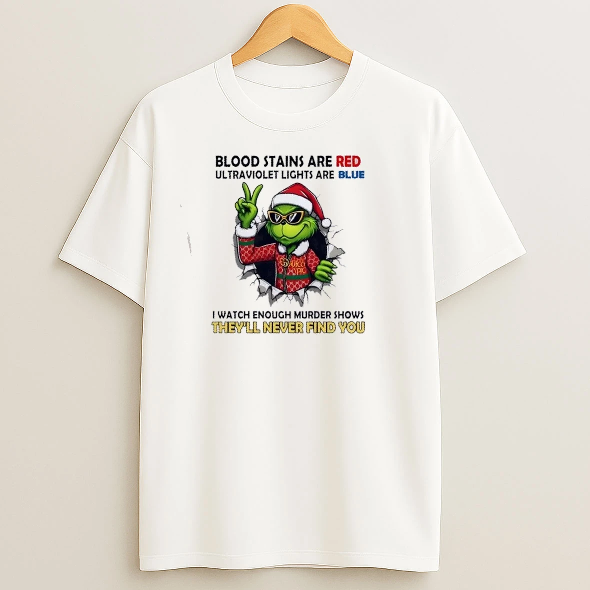 Grinch Blood Stains Are Red Ultraviolet Lights Are Blue I Watch Enough Murder Shows Theyll Never Find You Christmas T Shirts