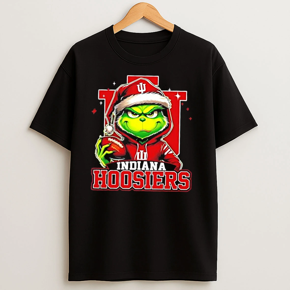 Grinch Is Holding A Ball And Smiling At Indiana Hoosiers Fans Christmas T Shirts