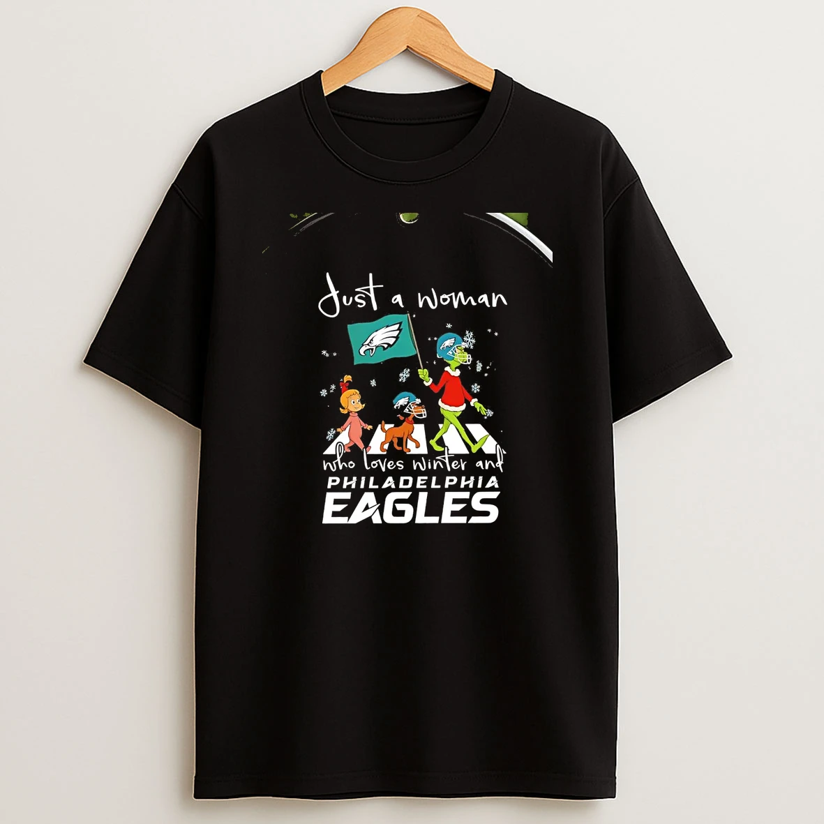 Grinch Just A Woman Who Loves Winter And Philadelphia Eagles Christmas Chriast Shirts