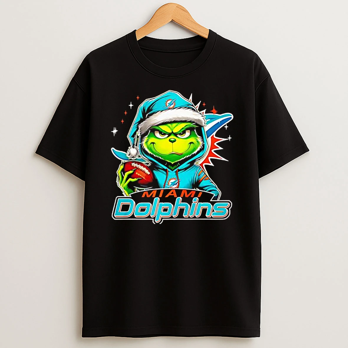 Grinch Wearing Santa X Miami Dolphins Hat Christmas Shirts