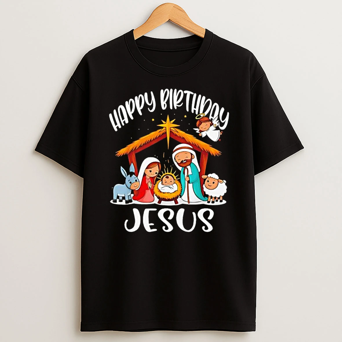Happy Birthday Jesus Merry Christmas Cartoon Black Shirts
