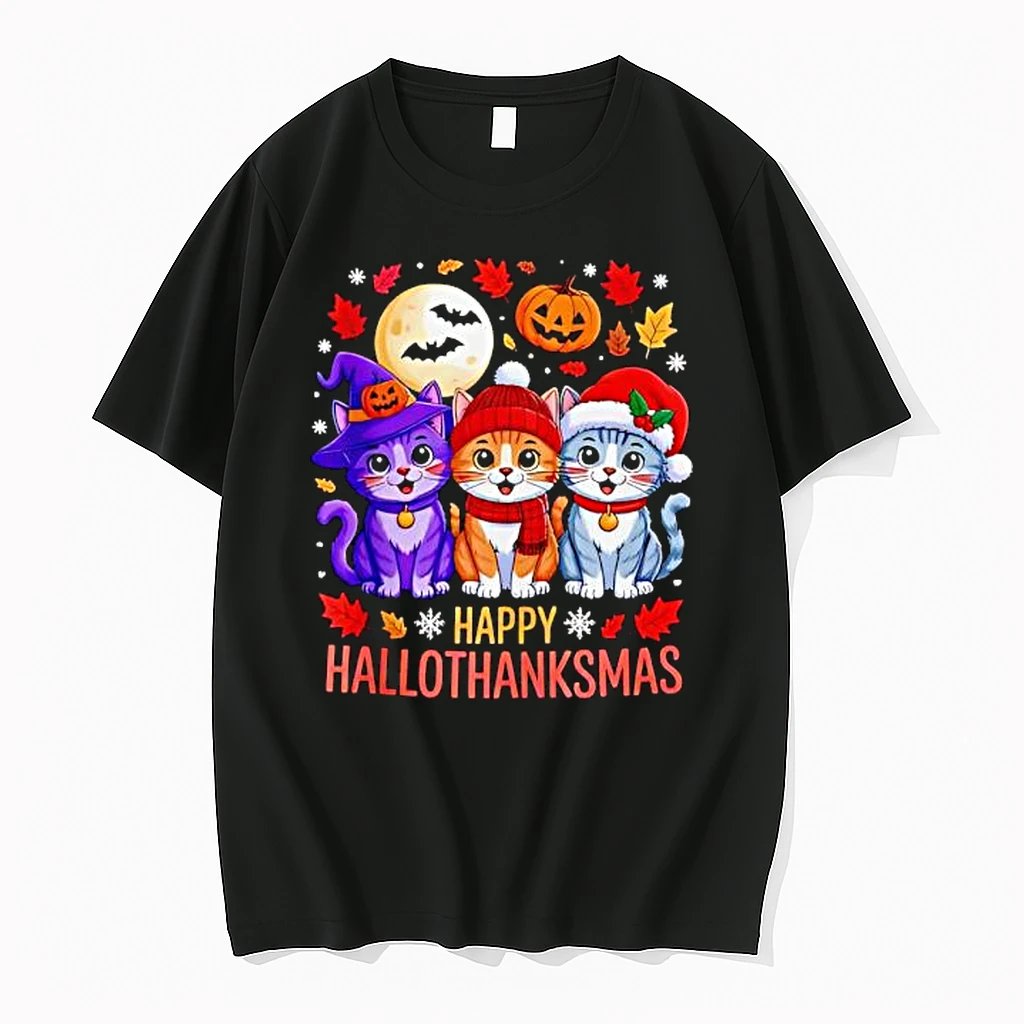 Happy Hallothanksmas Cat Trio Holidays Friends Mat Shirts