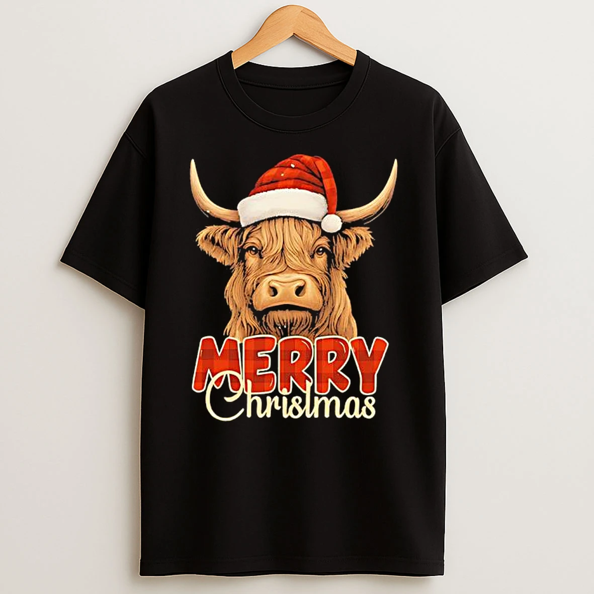 Highland Cow Santa Hat Merry Christmas Shirts