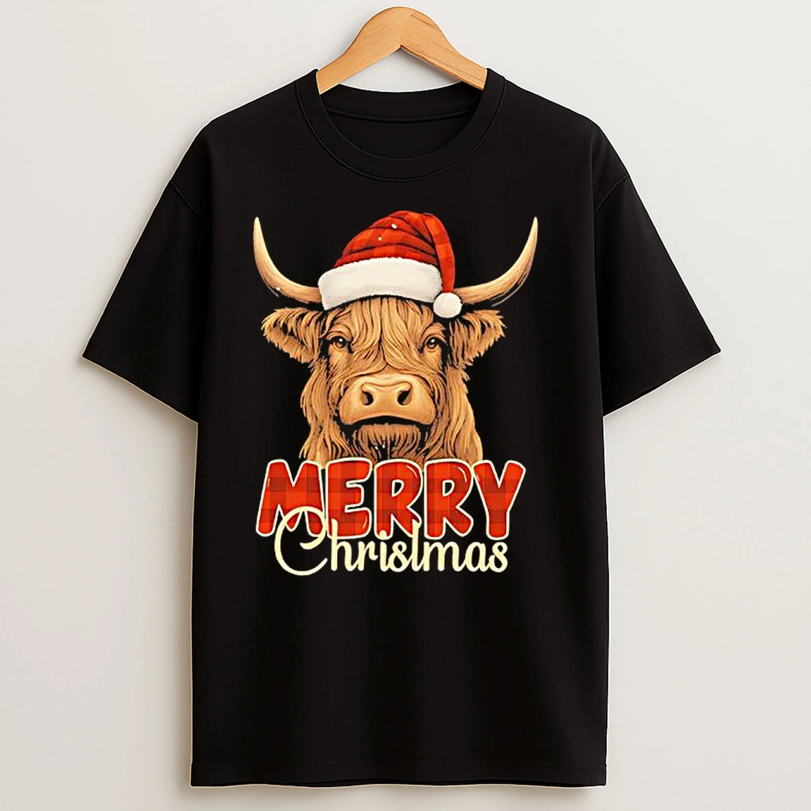 Highland Cow Santa Hat Merry Christmas T Shirts