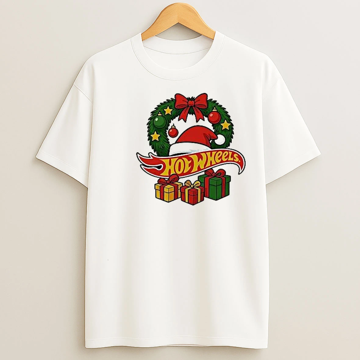 Hotwheels Christmas Laurel Wreath Santa Hat Gift Circle White T Shirts