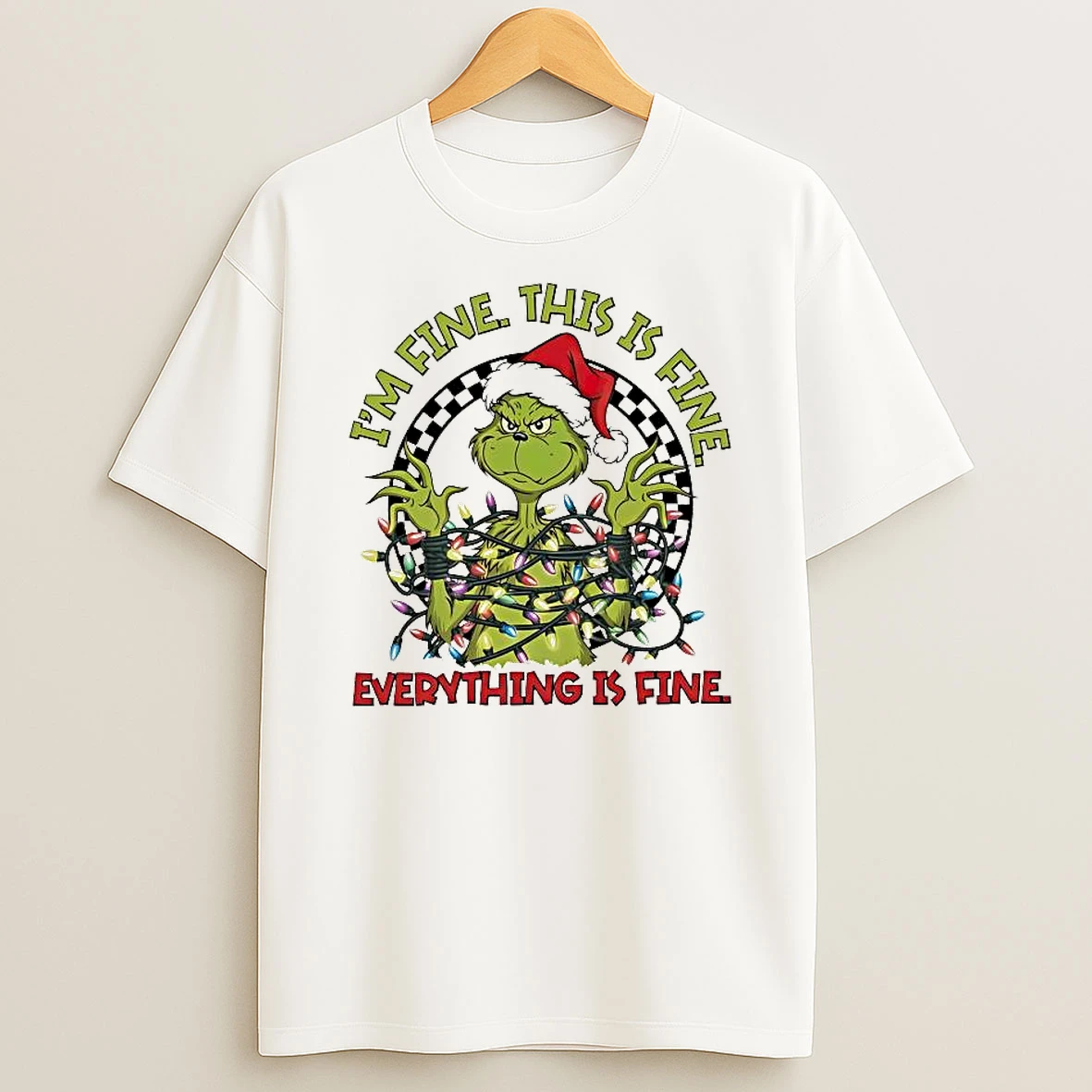 Im Fine This Is Fine Everythings Fine Christmas Lights Grinch Santa Shirts