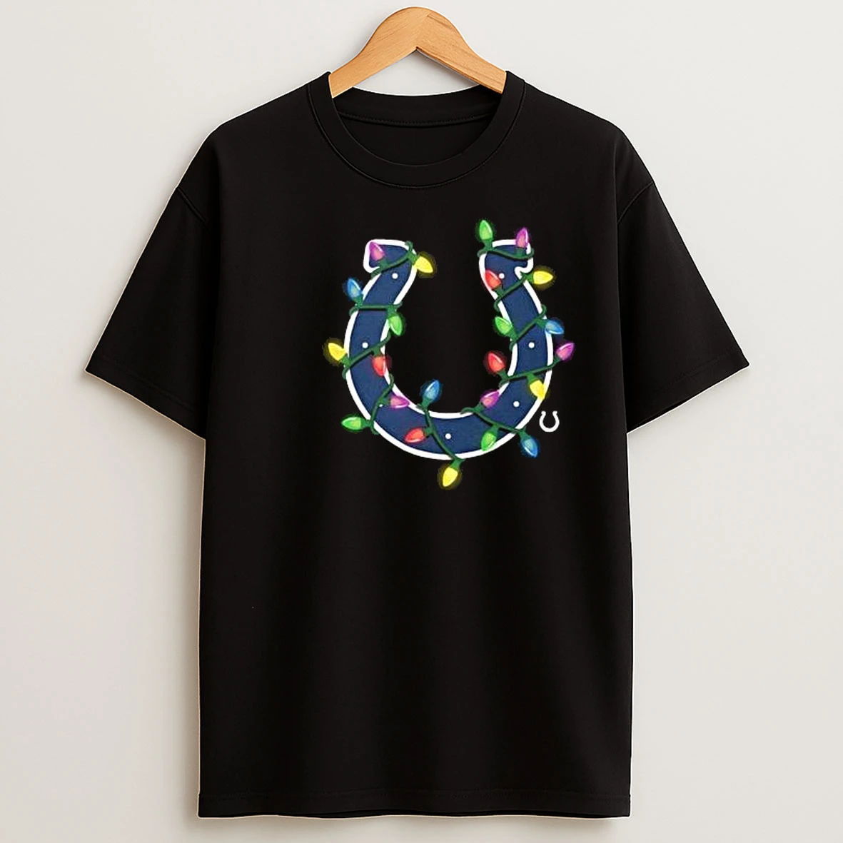 Indianapolis Colts Primary Logo Holiday Lights 2025 Circle Black T Shirts
