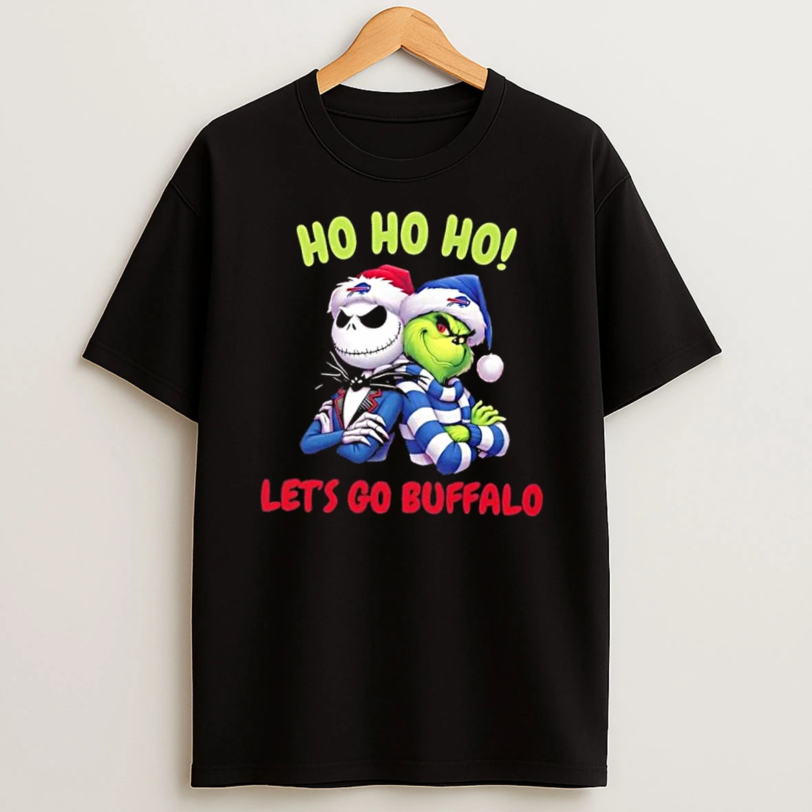 Jack Skellington And Grinch Ho Ho Ho Lets Go Buffalo Bills Merry Christmas Shirts
