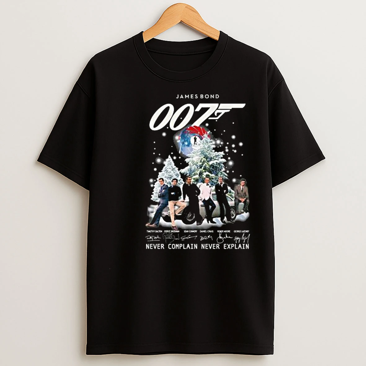 James Bond 007 Never Complain Never Explain Signatures Merry Christmas Circle Black T Shirts