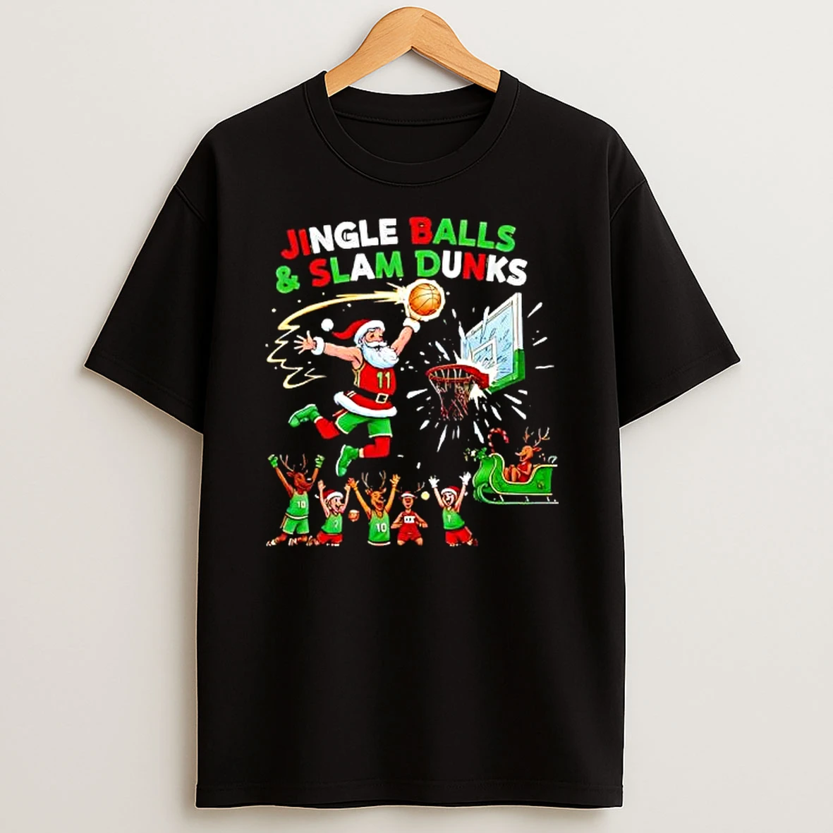 Jingle Balls And Slam Dunks 2025 Funny Christmas Basketball Santa Design Shirts