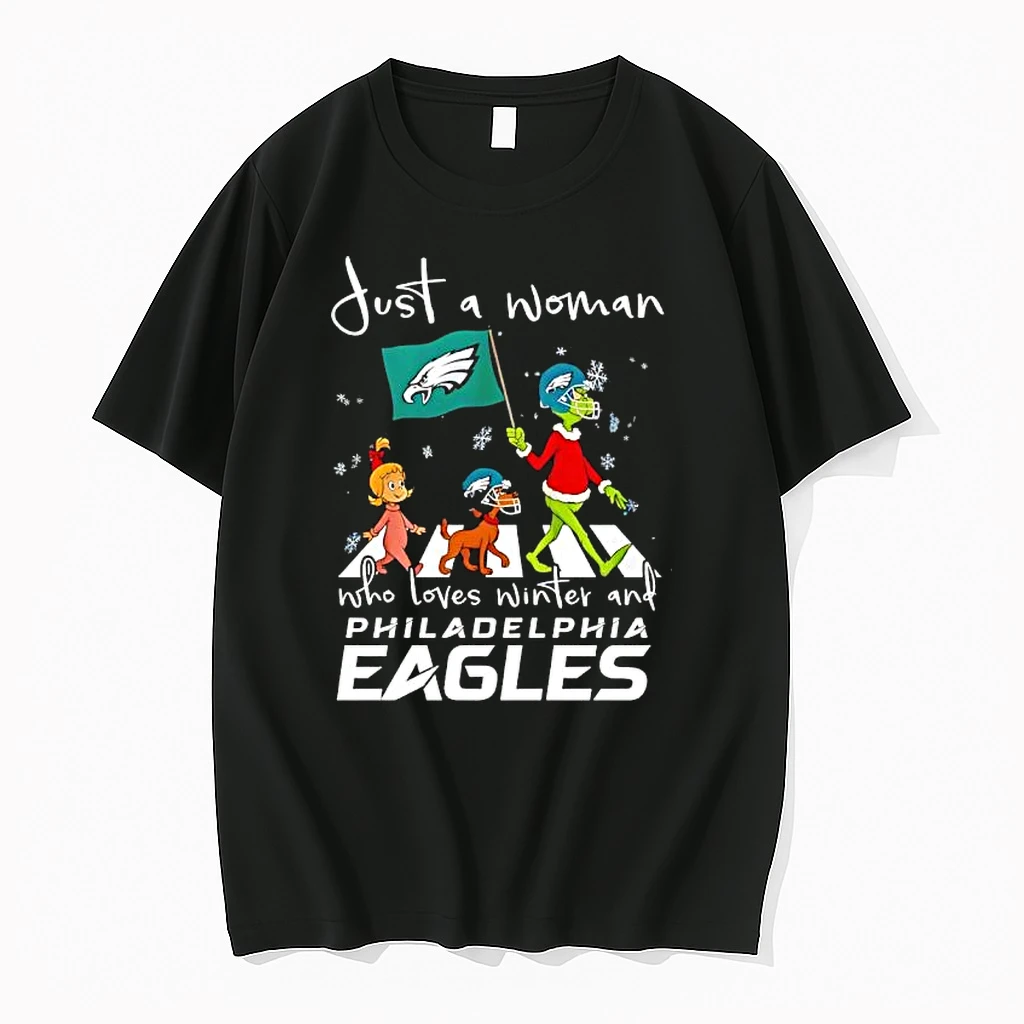 Just A Woman Who Loves Winter And Philadelphia Eagles Grinch Cindy Lou Who Max Shirts