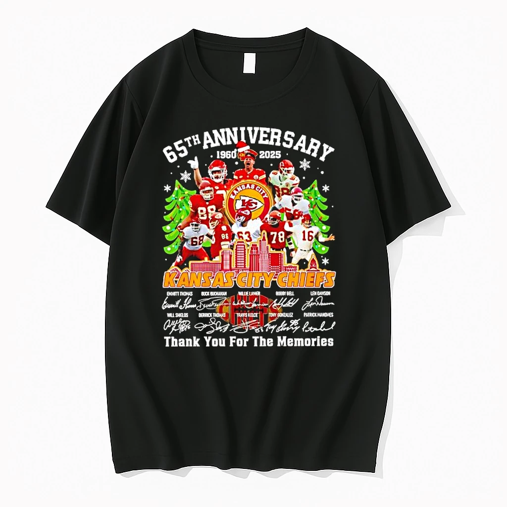 Kansas City Chiefs 65th Anniversary 1960 To 2025 Signatures Christmas Trees And Snowflakes Shirts
