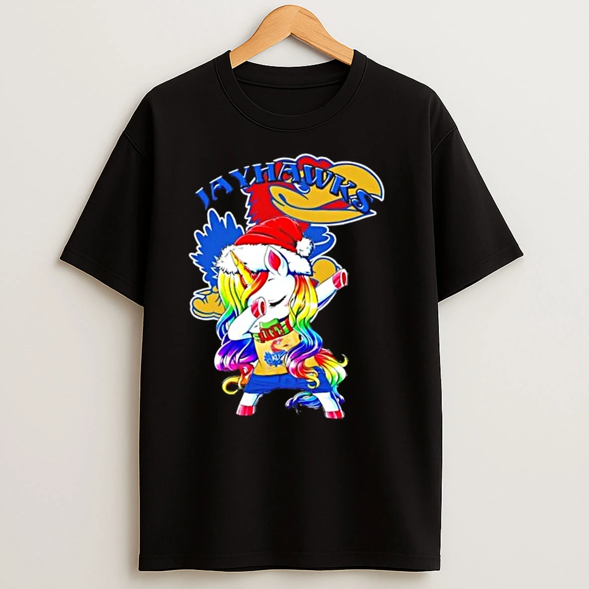 Kansas Jayhawks Football X Unicorn Santa Hat Dabbing Merry Christmas T Shirts
