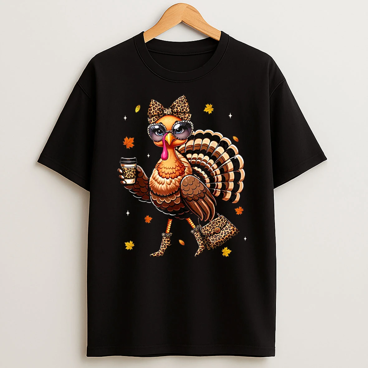 Leopard Turkey Drinking Coffee Thanksgiving Turkey Day Shirts