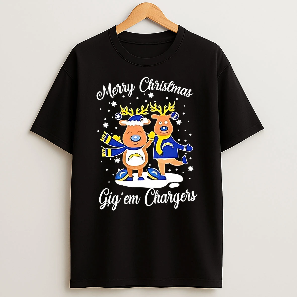 Los Angeles Chargers Football Blue Nosed Reindeer Merry Christmas Gig Em Chargers Shirts