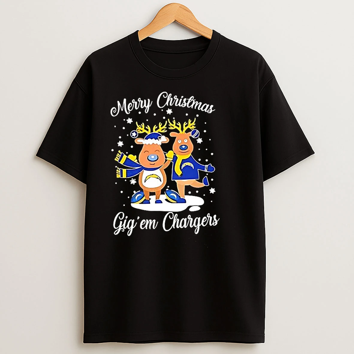 Los Angeles Chargers Football Blue Nosed Reindeer Merry Christmas Gig Em Chargers T Shirts