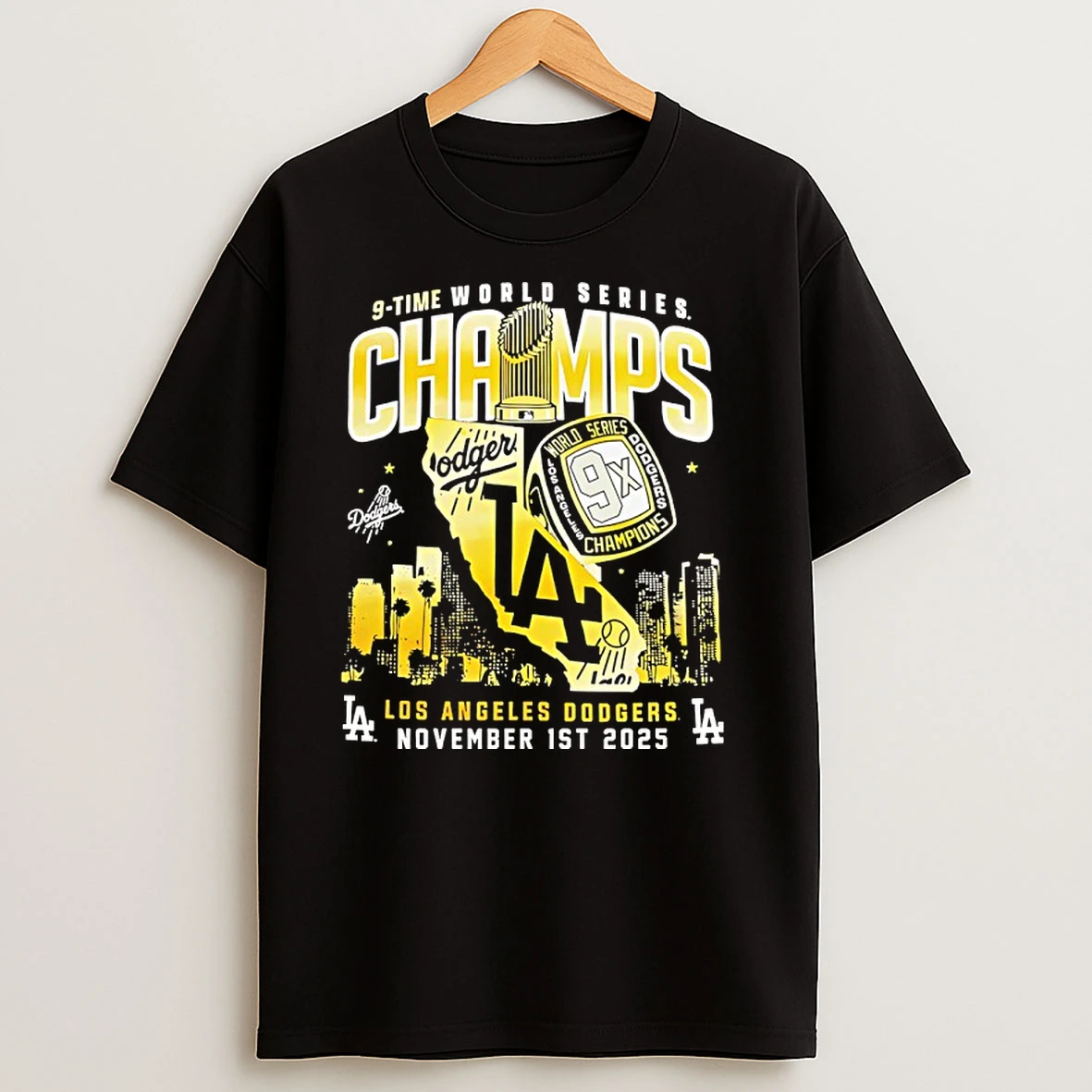 Los Angeles Dodgers 9 Time World Series Champions 2025 Skyline T Shirts