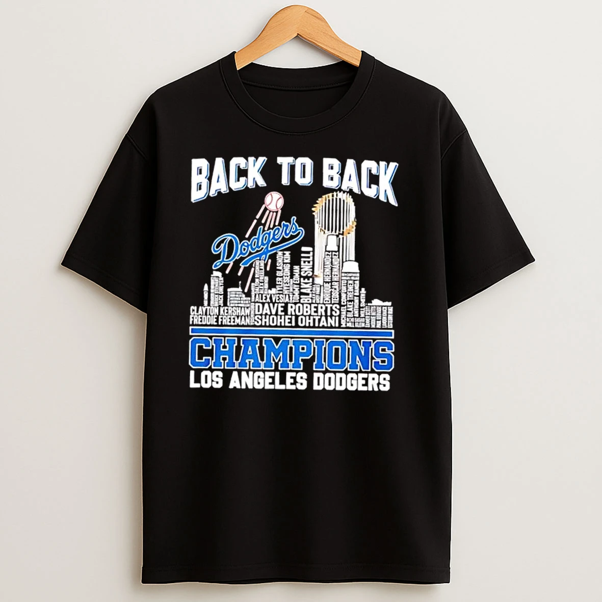Los Angeles Dodgers Champions Back To Back Player Name Skyline T Shirts