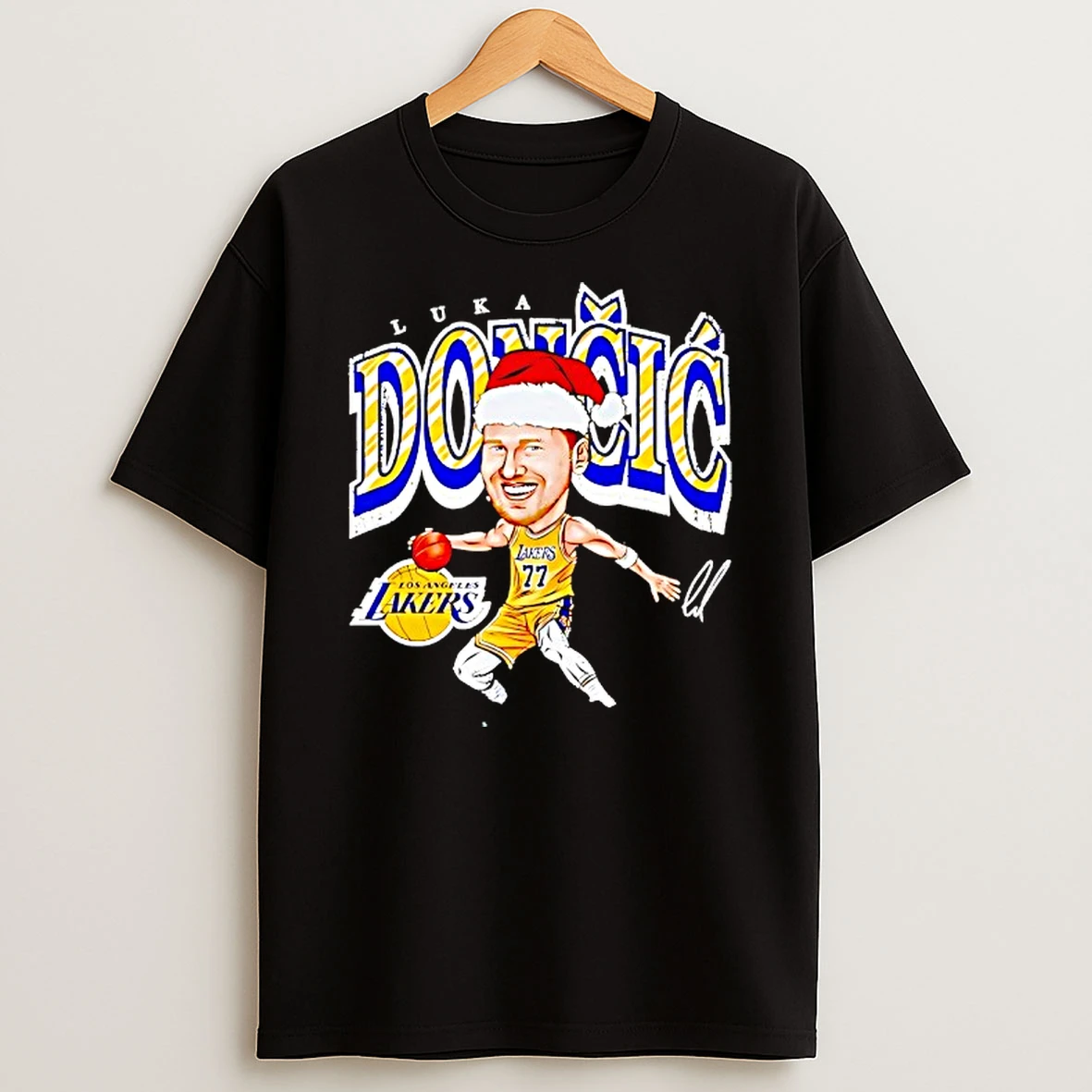 Luka Doncic With Santa Hat Los Angeles Lakers Caricature Signature Shirts