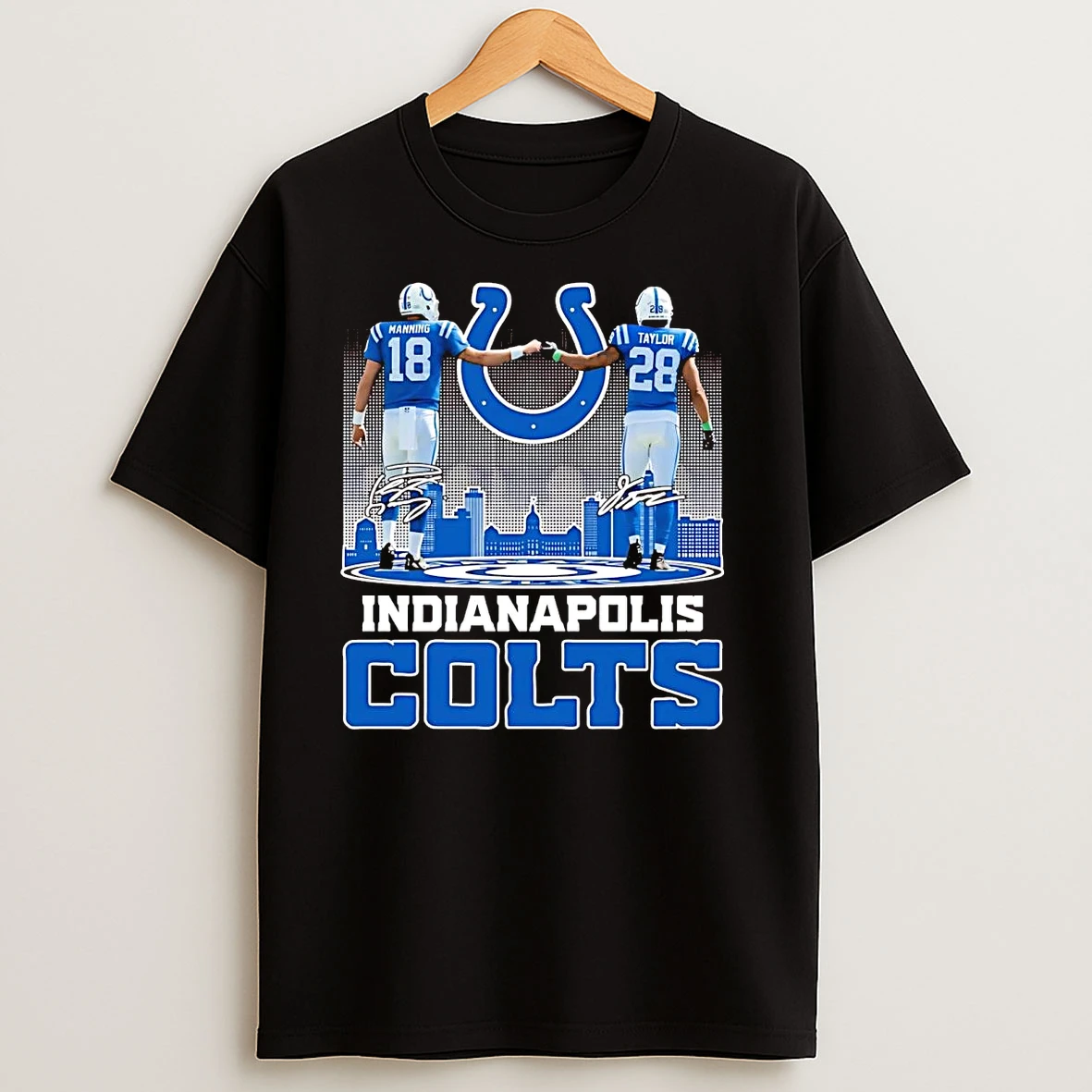 Manning And Taylor Fist Dump Indianapolis Colts Skyline T Shirts