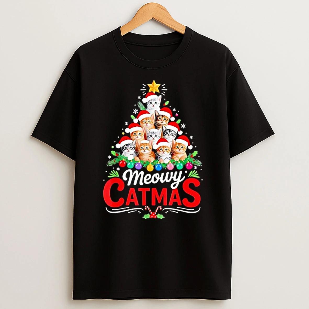 Meowy Catmas Cat Christmas Tree Santa Hat Shirts