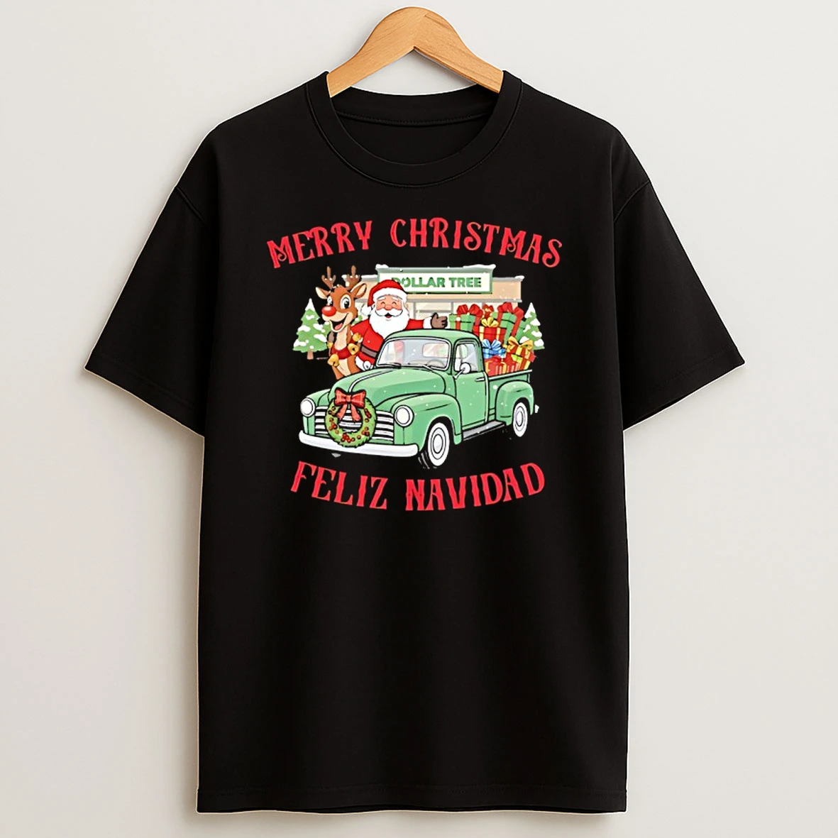 Merry Christmas Feliz Navidad Dollar Tree Truck Santa Shirts