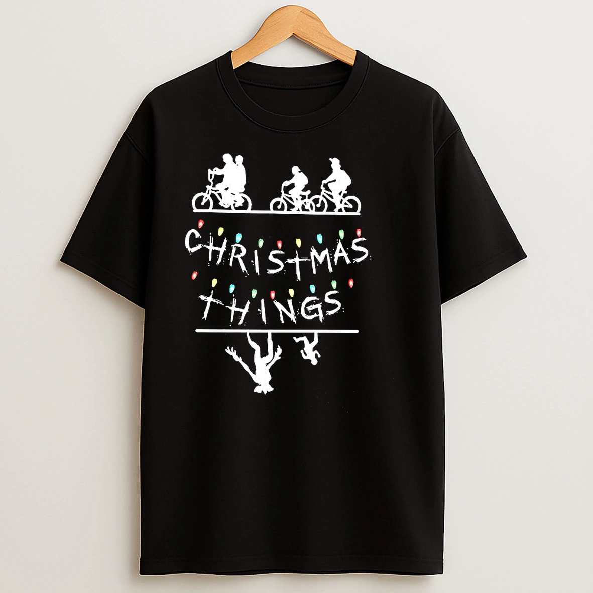 Merry Christmas String Lights Upside Down Silhouette Retro T Shirts